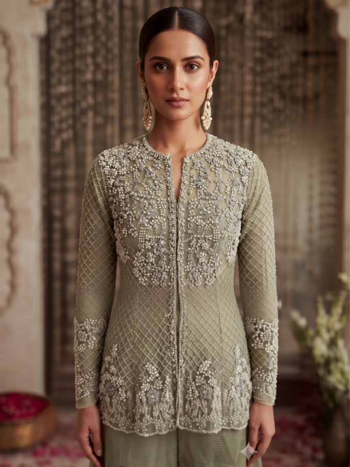 Pearl & Sequin Embroidered Jacket Blouse with Palazzo Set in green