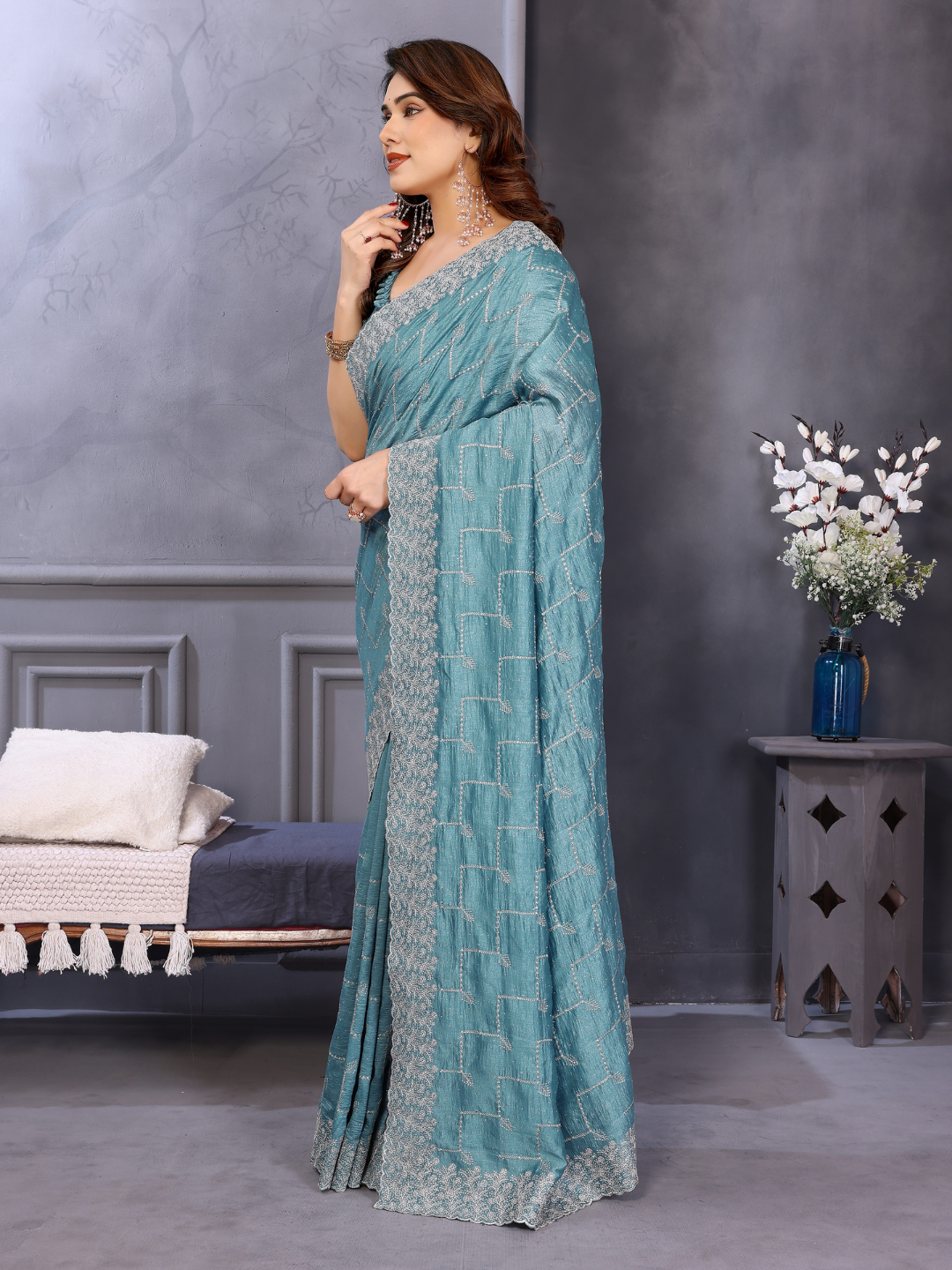 Teal Sequin Embroidered Chevron Saree with Scalloped Border