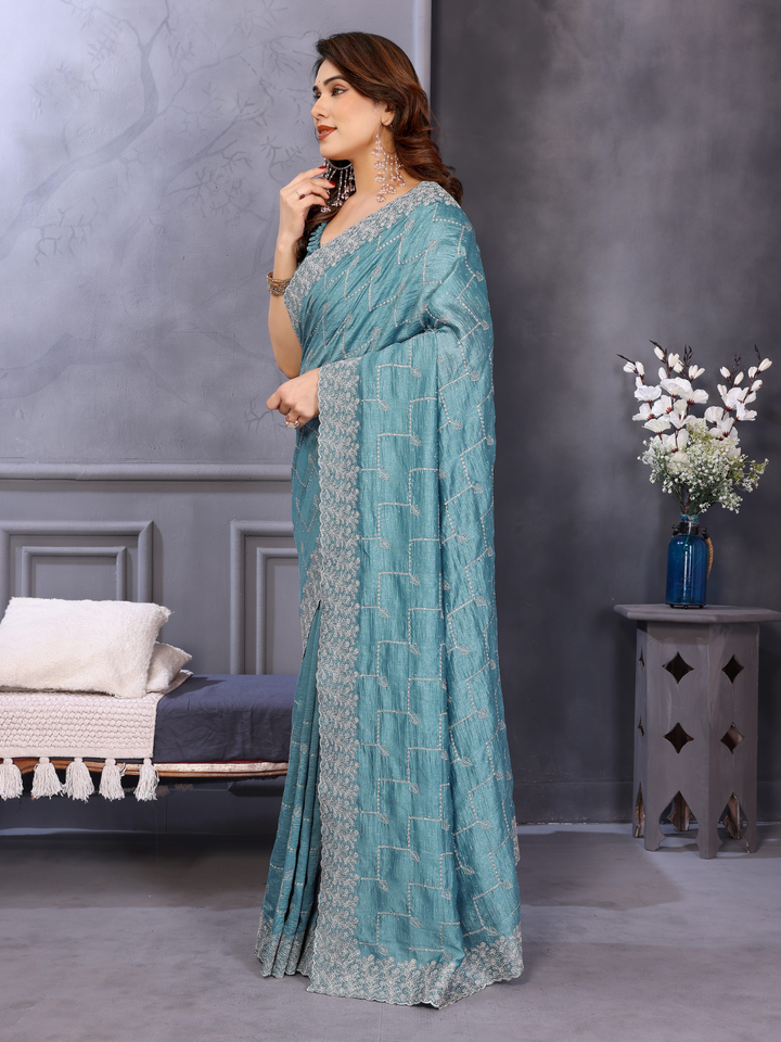 Teal Sequin Embroidered Chevron Saree with Scalloped Border