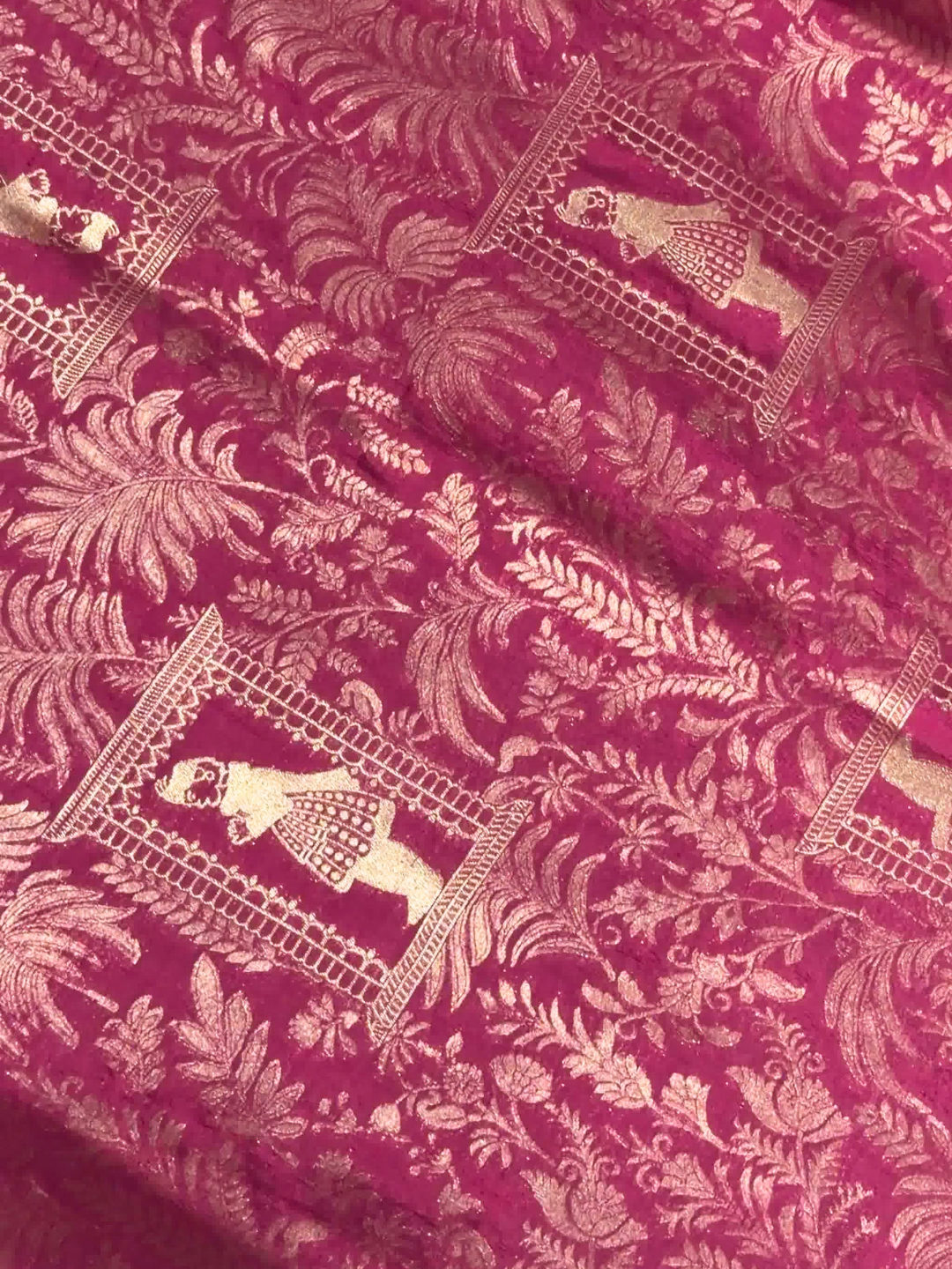 Magenta Zari Woven Palace Motif Dress Material with Dupatta
