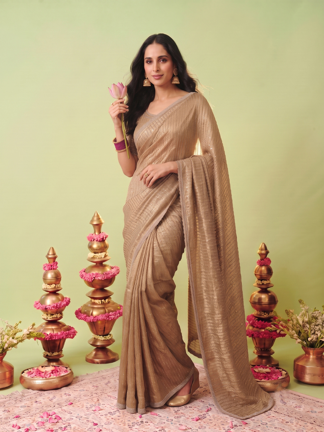 Crushed Tissue Saree with Gold Sequin Line Work & Beaded Lace Border