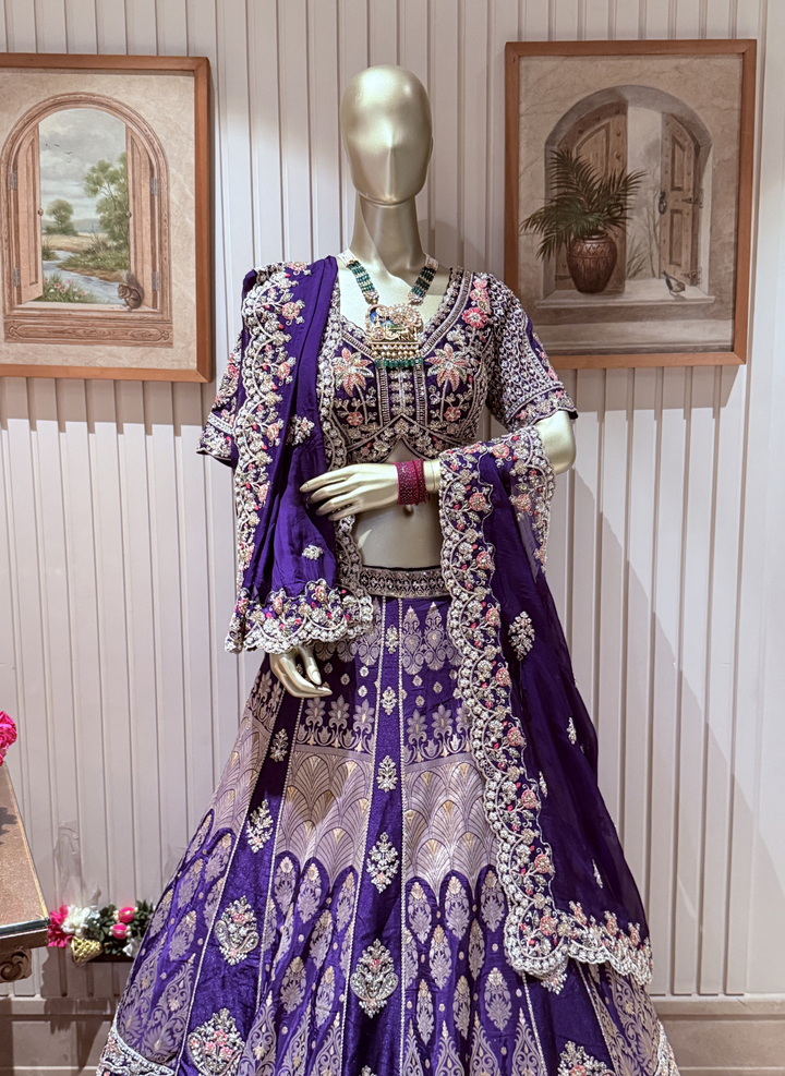 Banarasi Silk Lehenga with Zari Weaving, Resham Floral Embroidery & Cutdana Work