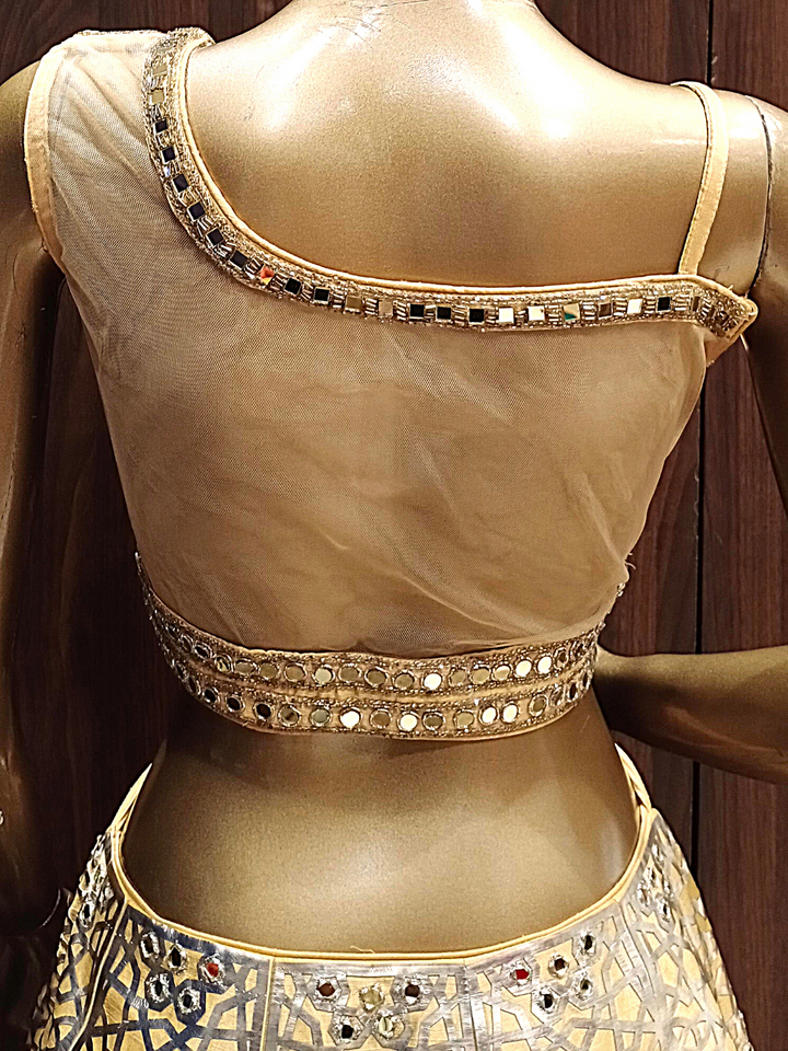 Yellow Benarasi Geometrical Pattern Lehenga Set With Mirror Work