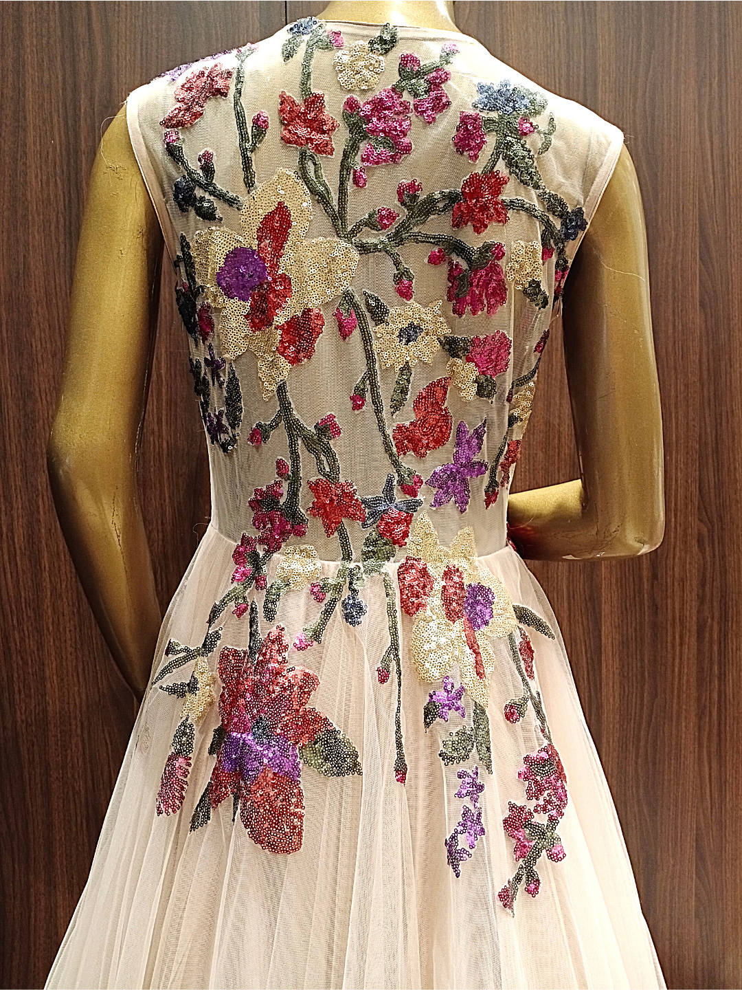 Nude Pink Flared Net Gown With Floral Multicolor Sequin Embroidery