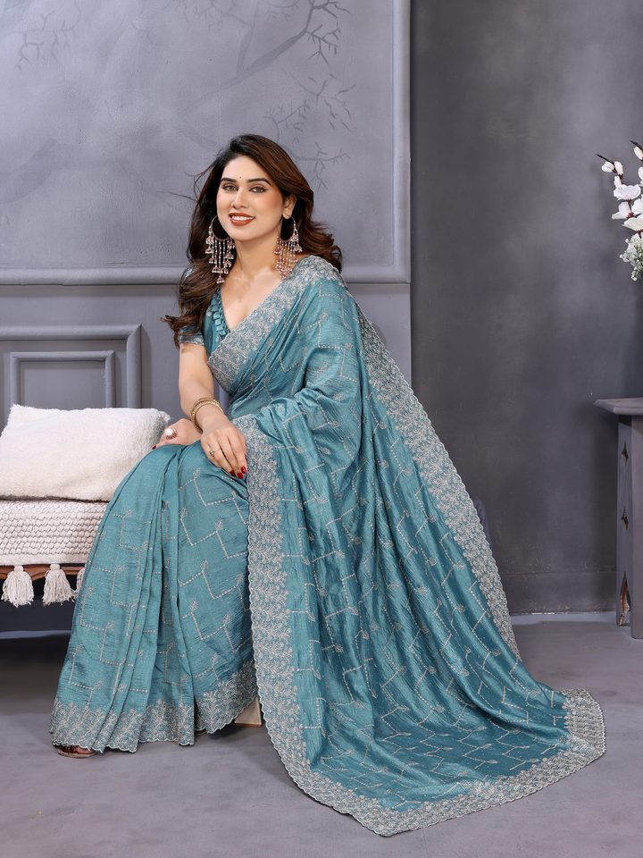 Teal Sequin Embroidered Chevron Saree with Scalloped Border