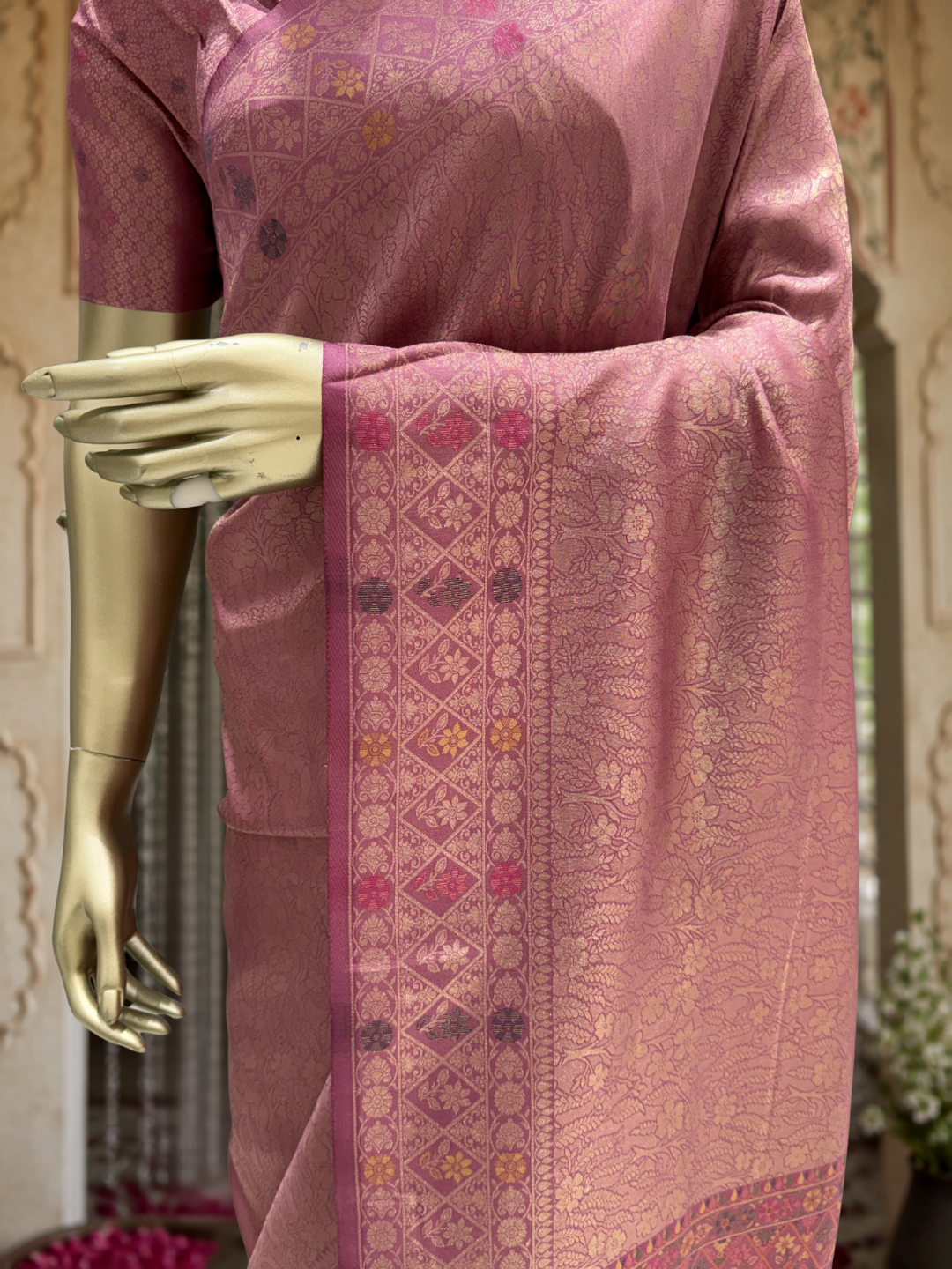 Dusty Pink Banarasi Silk Saree with Zari Woven Floral Jaal & Meenakari Geometric Border with Floral Medallion Pallu
