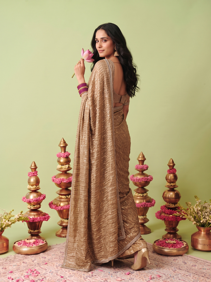 Crushed Tissue Saree with Gold Sequin Line Work & Beaded Lace Border