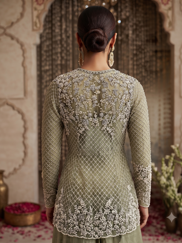 Pearl & Sequin Embroidered Jacket Blouse with Palazzo Set in green