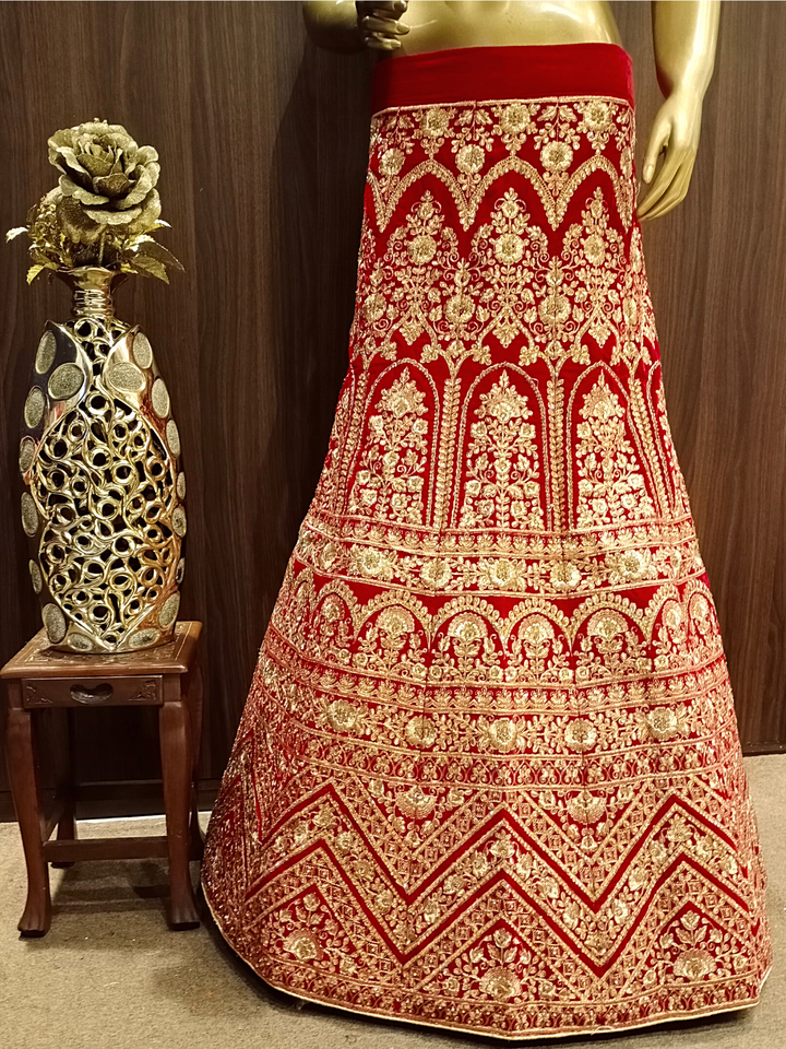 Heavy Stylised Semi-stitched Bridal Lehenga with Gold Zari Embroidery