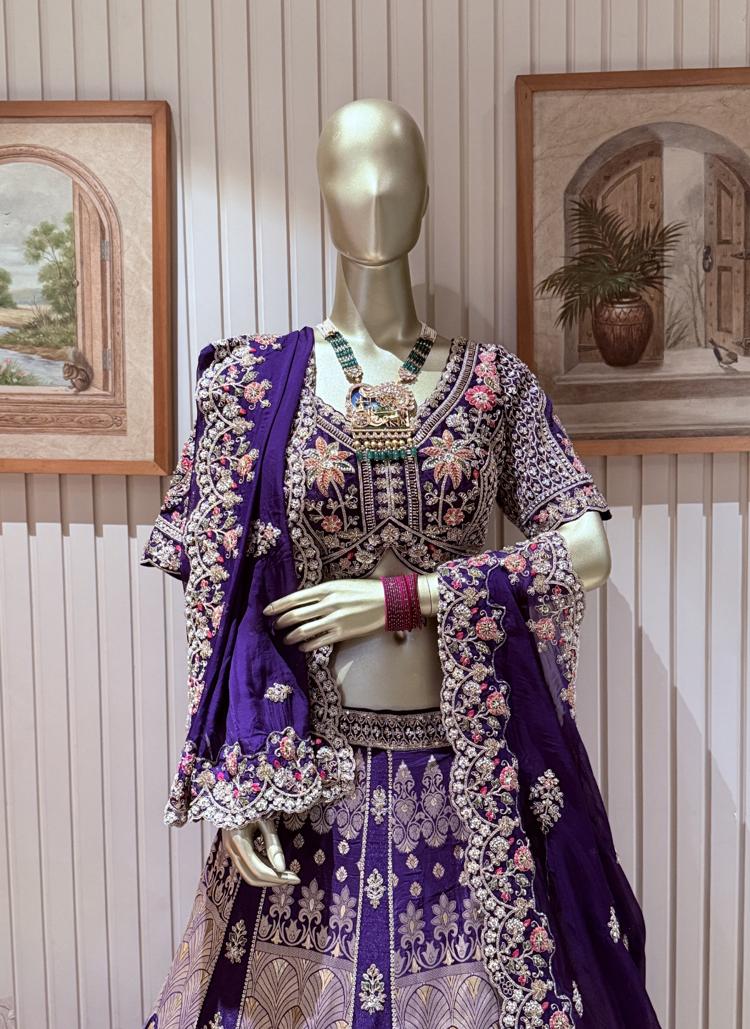 Banarasi Silk Lehenga with Zari Weaving, Resham Floral Embroidery & Cutdana Work