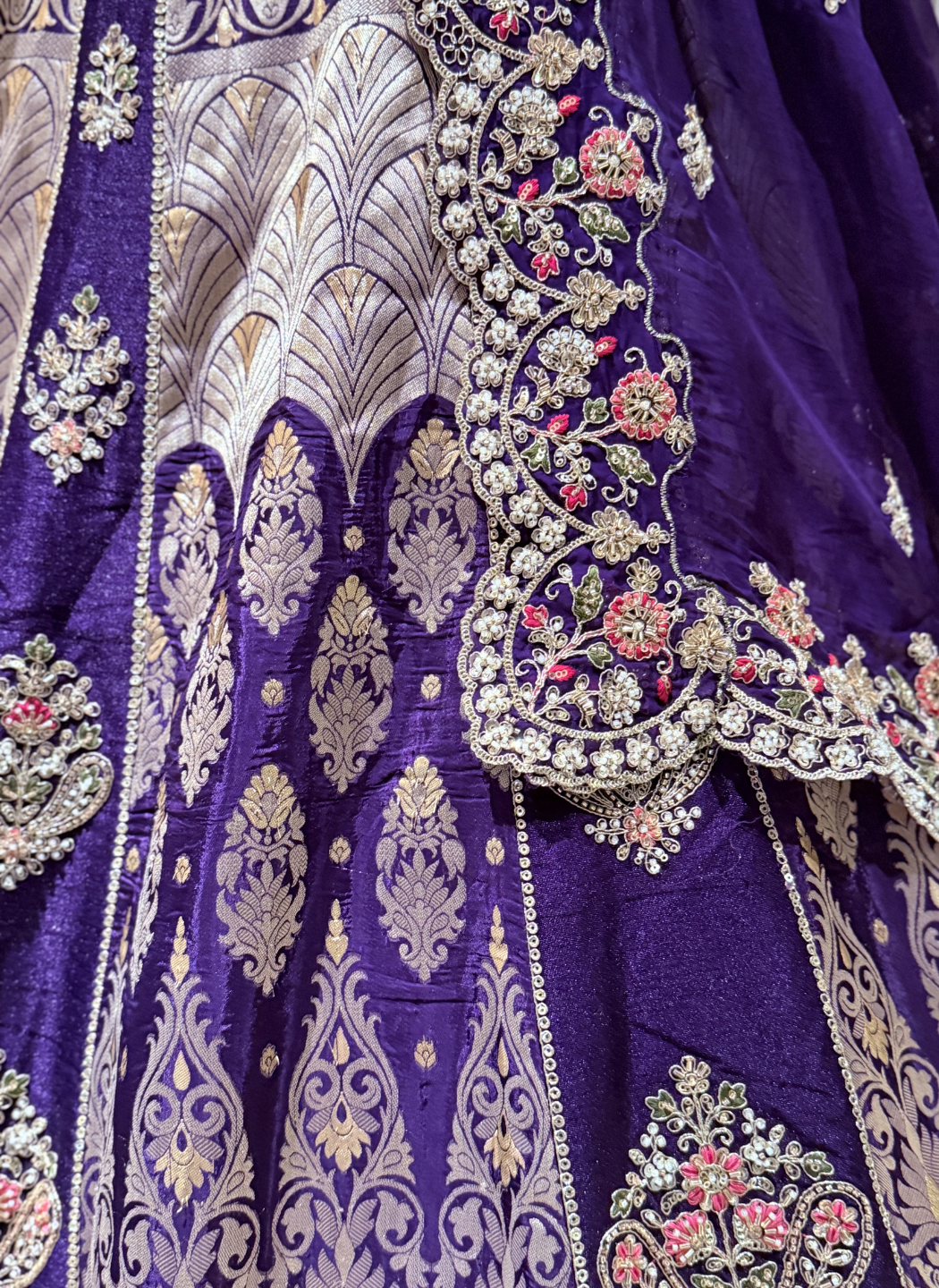 Banarasi Silk Lehenga with Zari Weaving, Resham Floral Embroidery & Cutdana Work