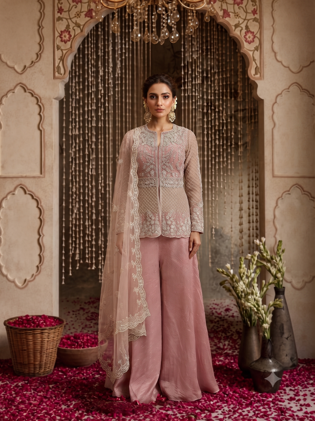 Pearl & Sequin Embroidered Jacket Blouse with Palazzo Set Dusty Pink