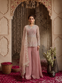 Pearl & Sequin Embroidered Jacket Blouse with Palazzo Set Dusty Pink