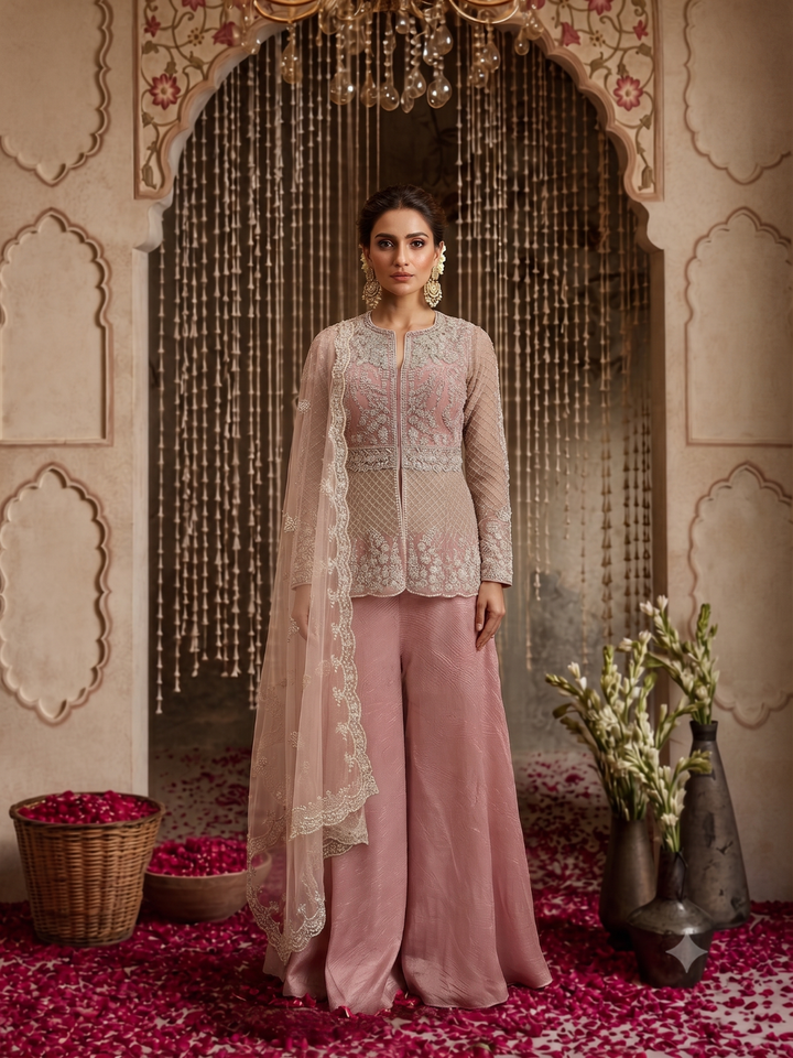 Pearl & Sequin Embroidered Jacket Blouse with Palazzo Set Dusty Pink