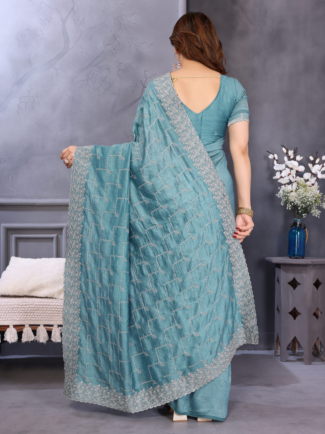 Teal Sequin Embroidered Chevron Saree with Scalloped Border