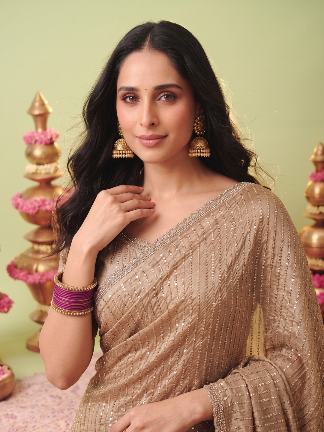 Crushed Tissue Saree with Gold Sequin Line Work & Beaded Lace Border