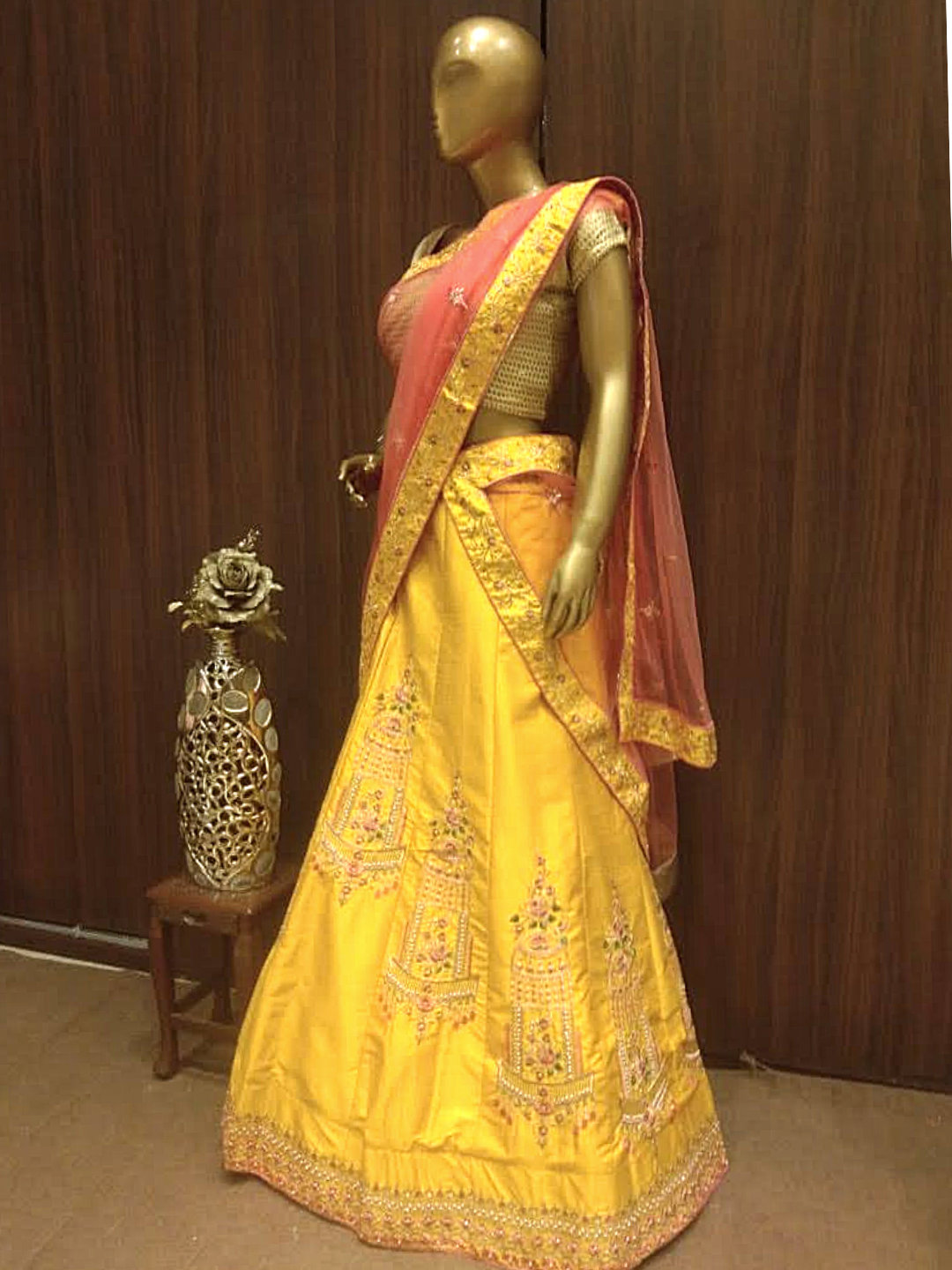 Yellow Semi-Stitched Silk Lehenga Set with Contrast Dupatta & Resham Embroidery