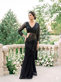 Georgette Sequin & Zari Embroidered Pre-Draped Saree Gown in Beige
