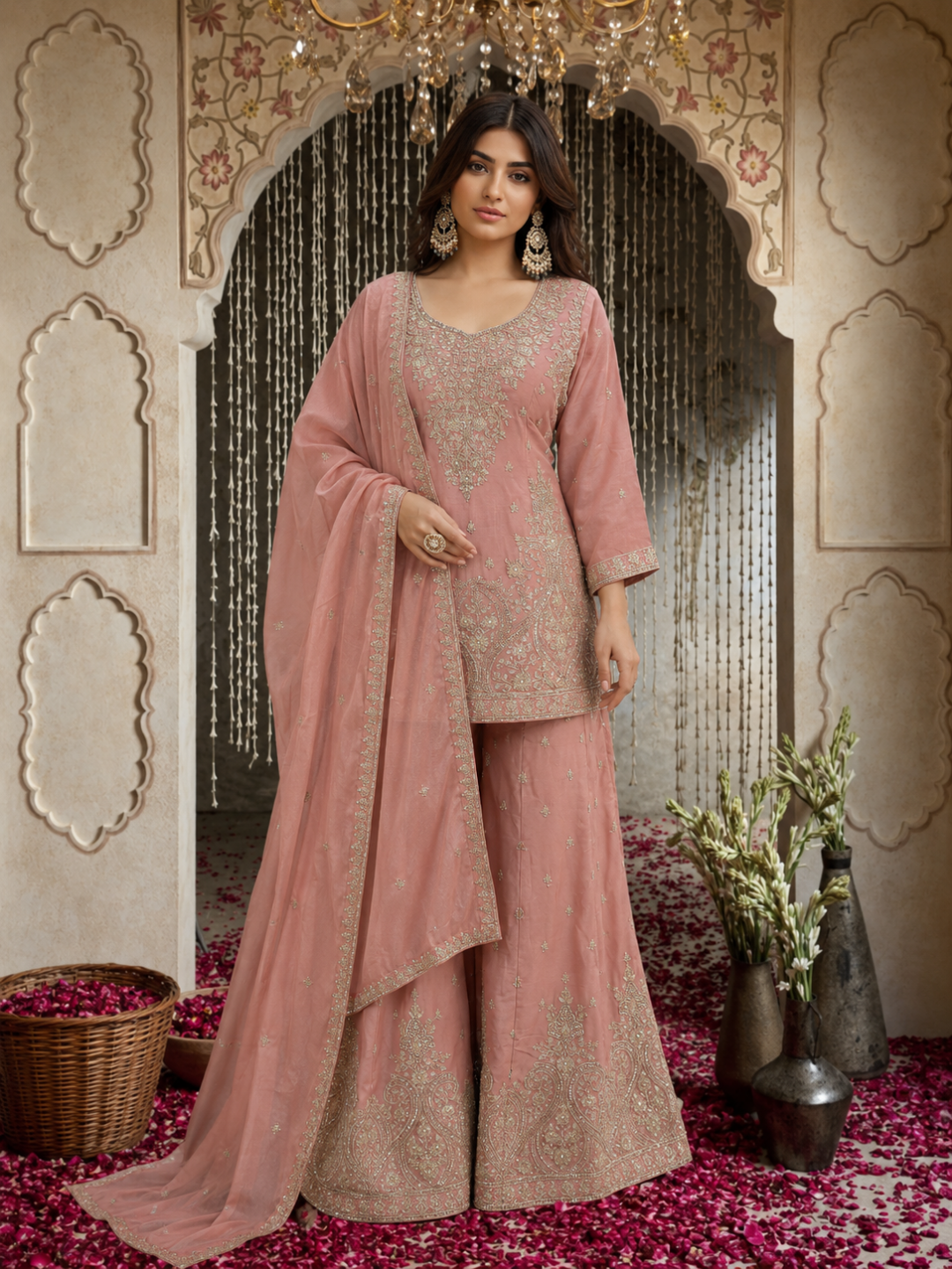 Dusty Pink Silk Sharara Set with Zari & Sequin Floral Embroidery & Dupatta