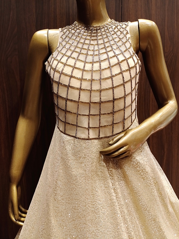 Metallic Beige Sequence Embellished Net Gown with Stylish Geometrical Pattern