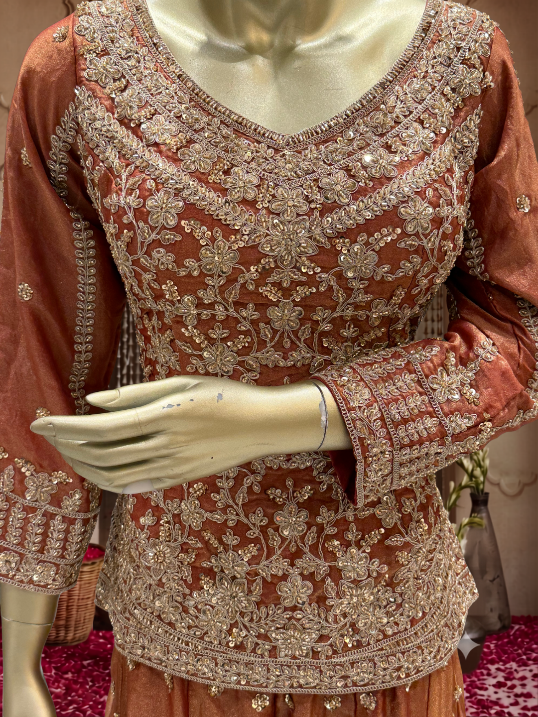 Zardozi & Sequin Embroidered Kurta with Sharara Set in Rust