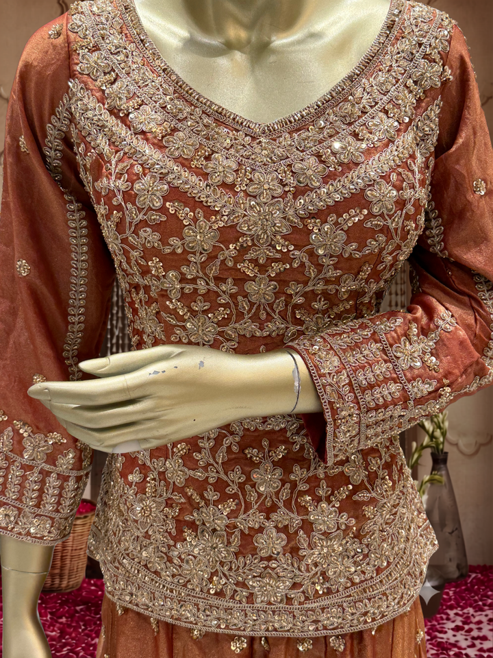 Zardozi & Sequin Embroidered Kurta with Sharara Set in Rust