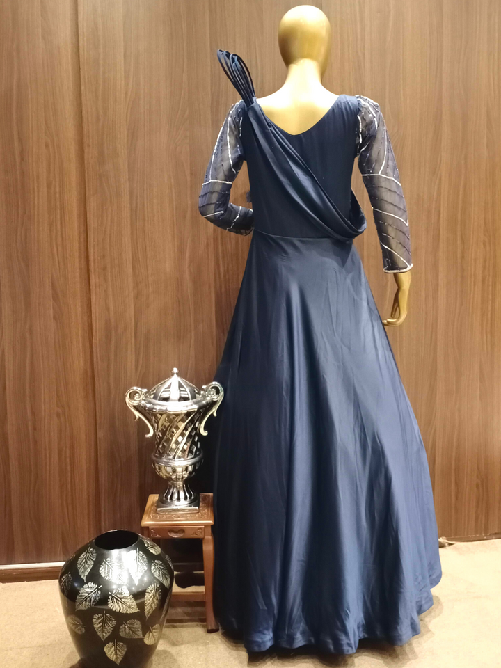 Deep Blue Crepe Silk Flared Gown With Pleating & Embroidered Sleeves