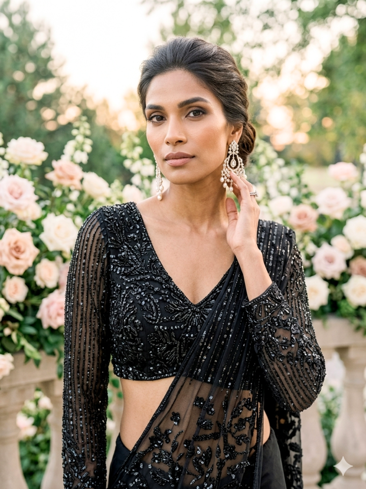 Georgette Sequin & Zari Embroidered Pre-Draped Saree Gown in Beige