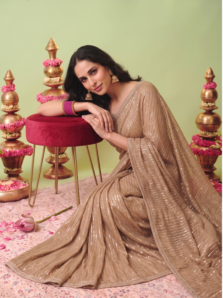Crushed Tissue Saree with Gold Sequin Line Work & Beaded Lace Border