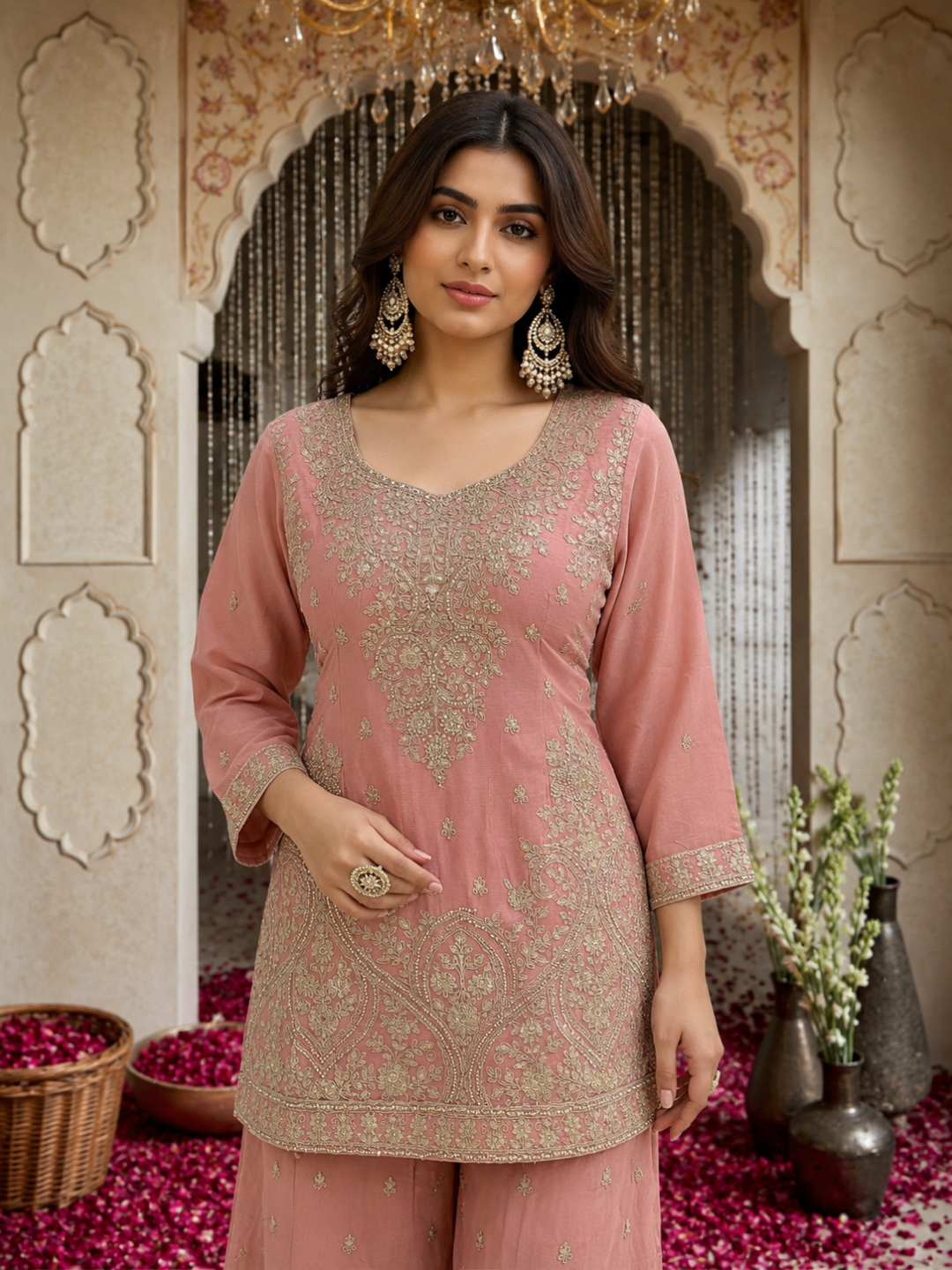 Dusty Pink Silk Sharara Set with Zari & Sequin Floral Embroidery & Dupatta