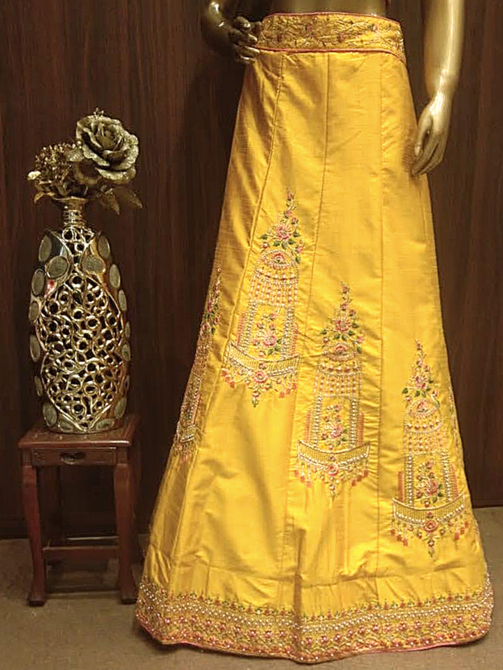 Yellow Semi-Stitched Silk Lehenga Set with Contrast Dupatta & Resham Embroidery