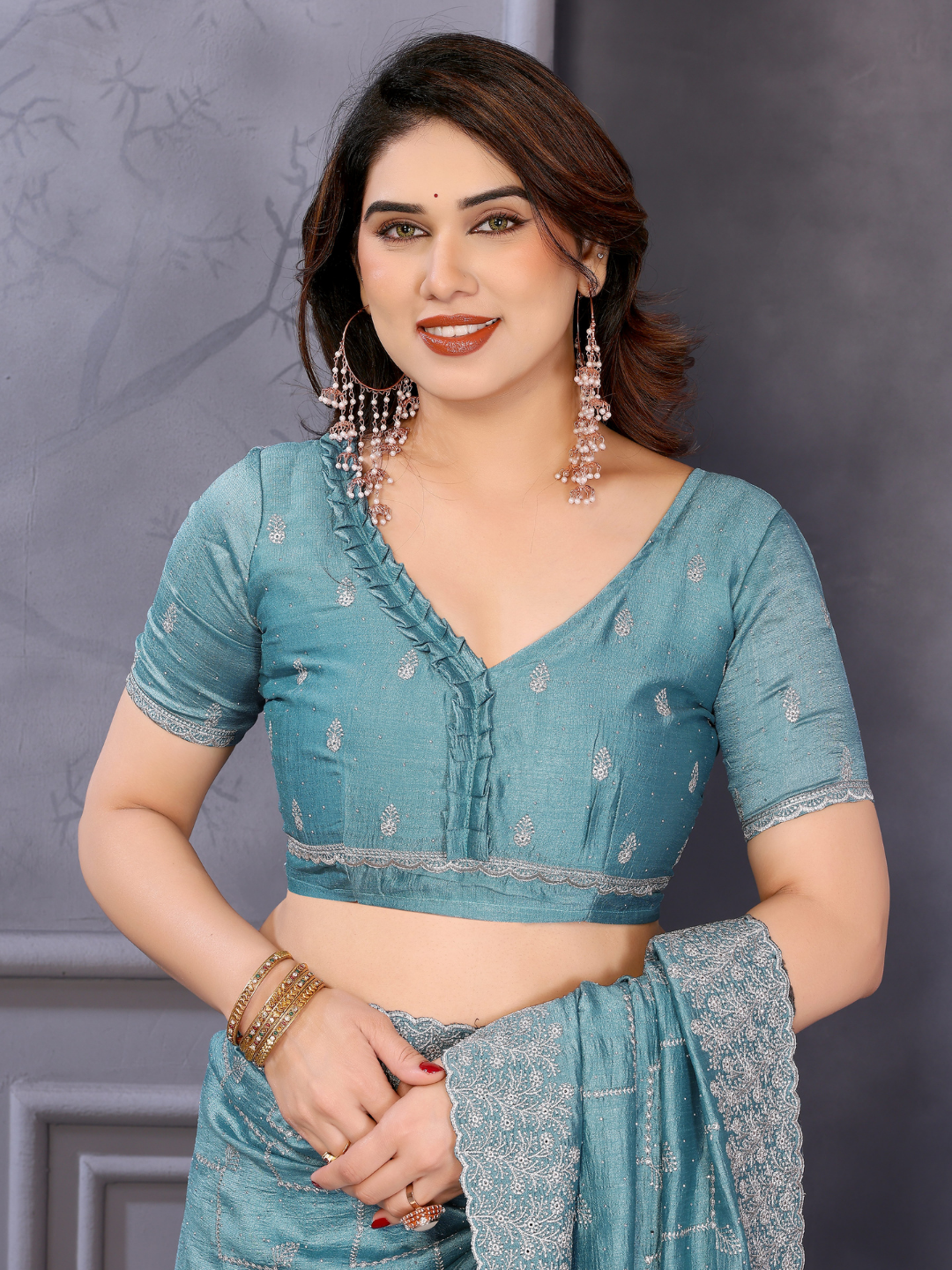 Teal Sequin Embroidered Chevron Saree with Scalloped Border
