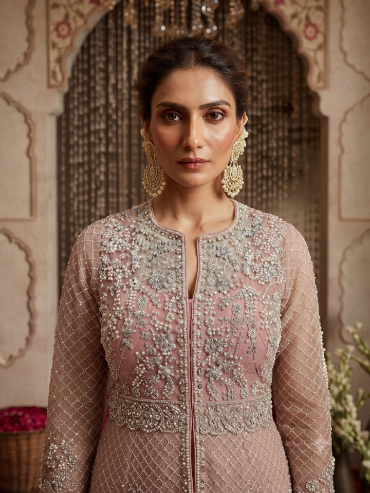 Pearl & Sequin Embroidered Jacket Blouse with Palazzo Set Dusty Pink