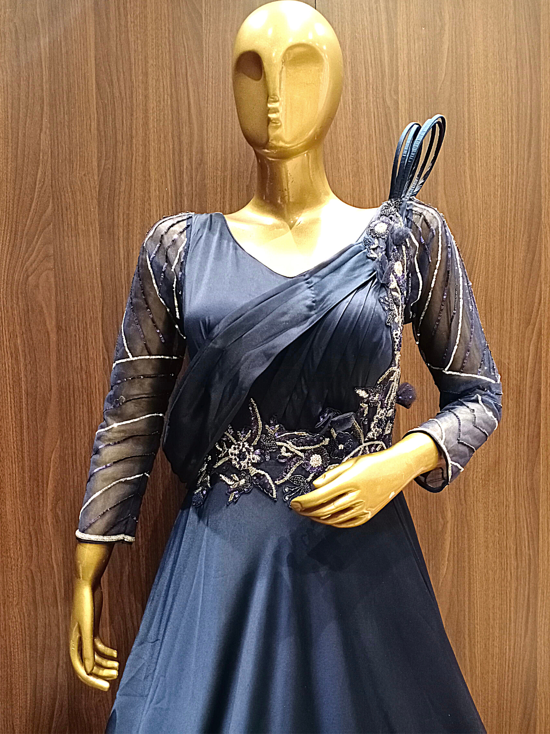 Deep Blue Crepe Silk Flared Gown With Pleating & Embroidered Sleeves