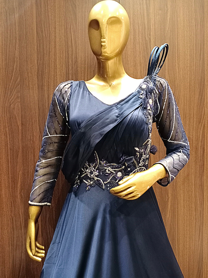 Deep Blue Crepe Silk Flared Gown With Pleating & Embroidered Sleeves