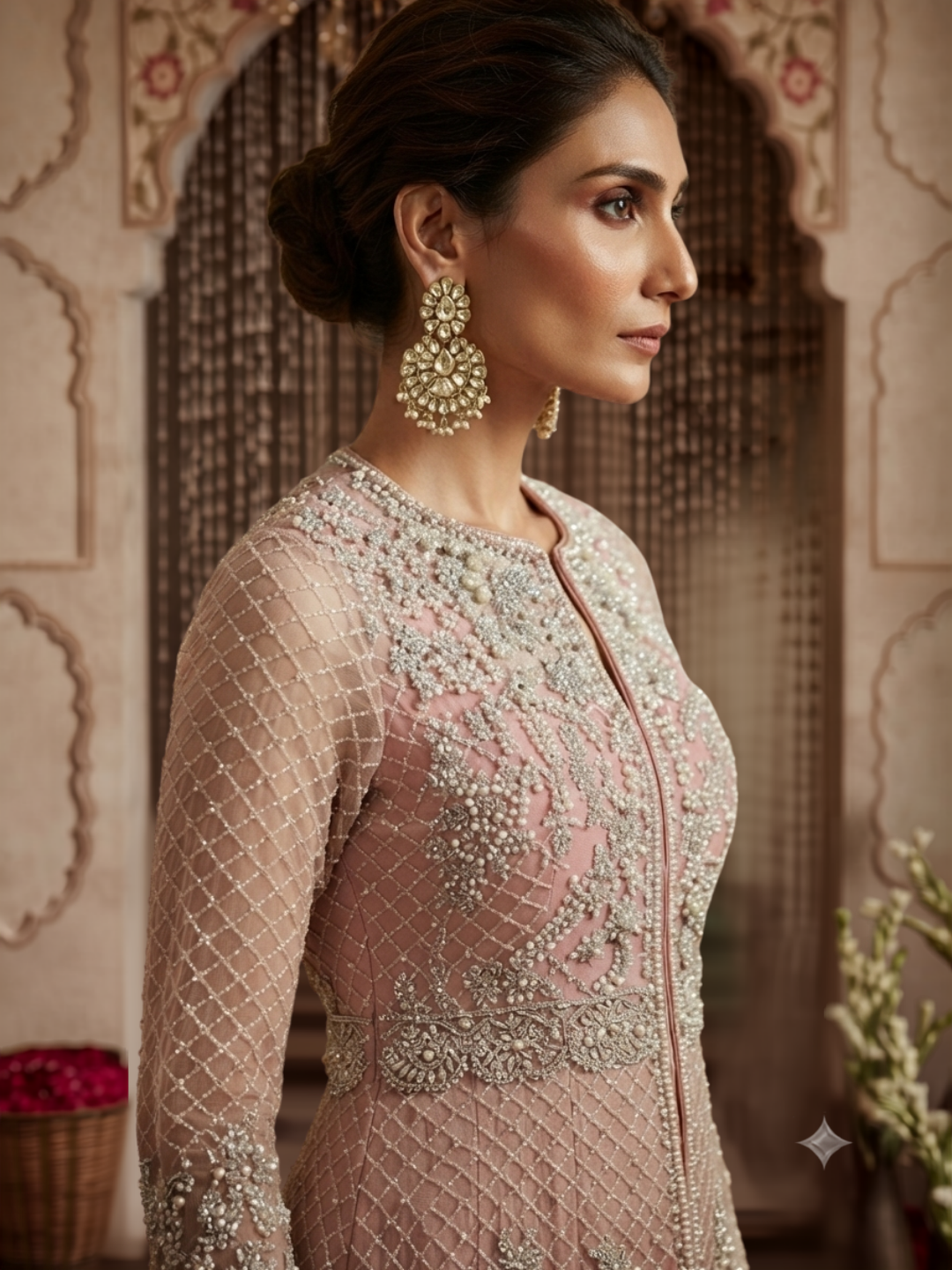 Pearl & Sequin Embroidered Jacket Blouse with Palazzo Set Dusty Pink