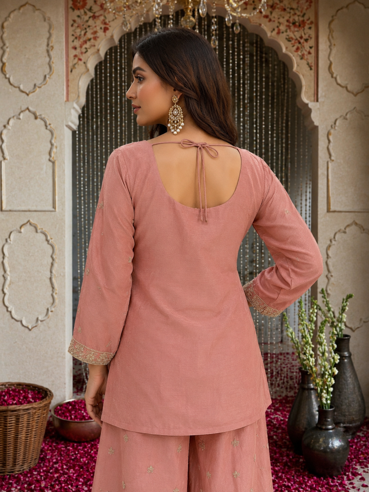 Dusty Pink Silk Sharara Set with Zari & Sequin Floral Embroidery & Dupatta