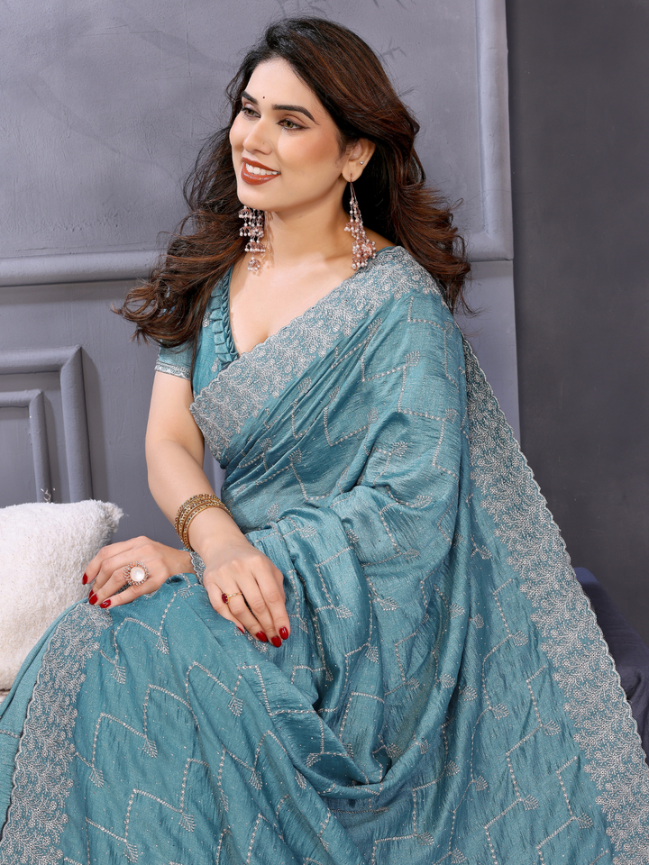 Teal Sequin Embroidered Chevron Saree with Scalloped Border