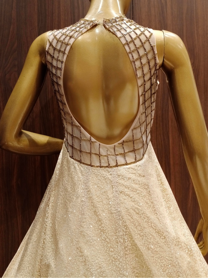 Metallic Beige Sequence Embellished Net Gown with Stylish Geometrical Pattern