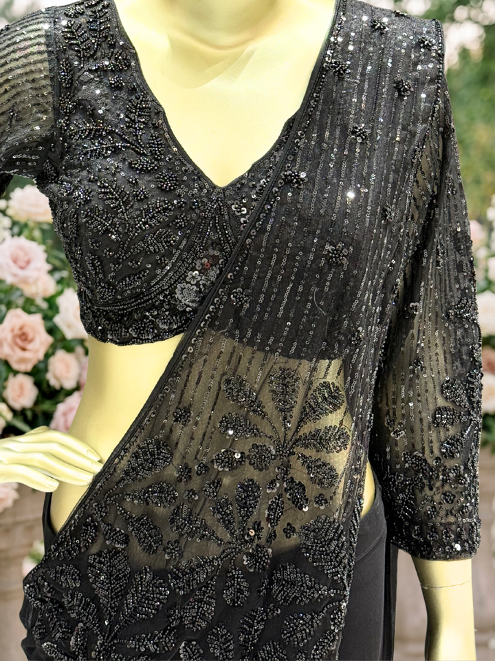 Georgette Sequin & Zari Embroidered Pre-Draped Saree Gown in Beige