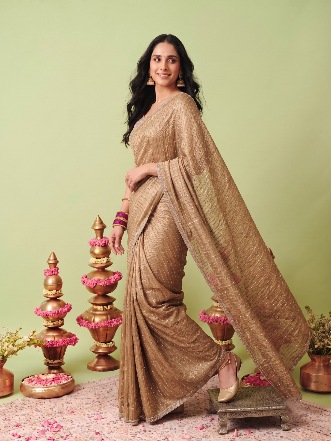 Crushed Tissue Saree with Gold Sequin Line Work & Beaded Lace Border