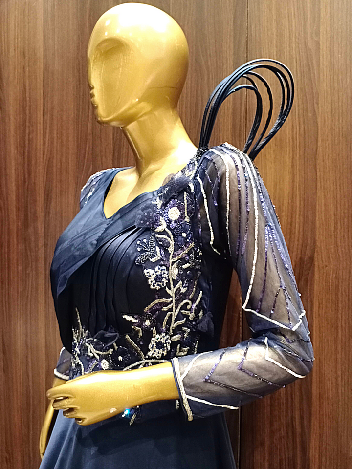 Deep Blue Crepe Silk Flared Gown With Pleating & Embroidered Sleeves