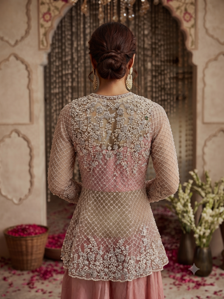 Pearl & Sequin Embroidered Jacket Blouse with Palazzo Set Dusty Pink