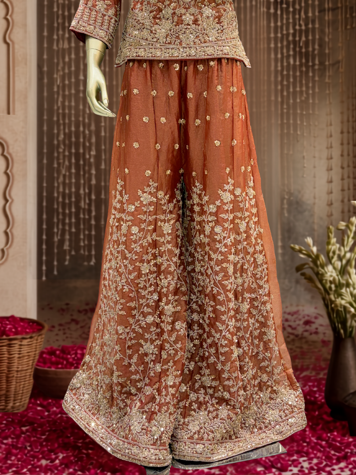 Zardozi & Sequin Embroidered Kurta with Sharara Set in Rust