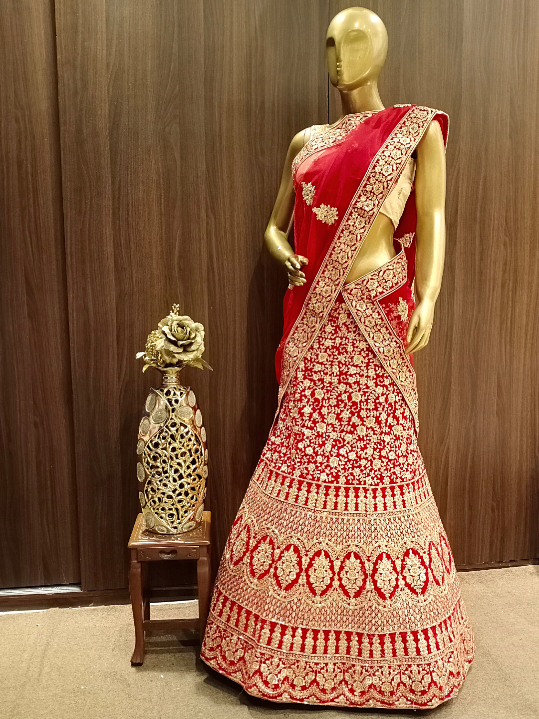 Heavy Ornate Semi-stitched Bridal Lehenga with Gold Zari & Zardozi Embroidery