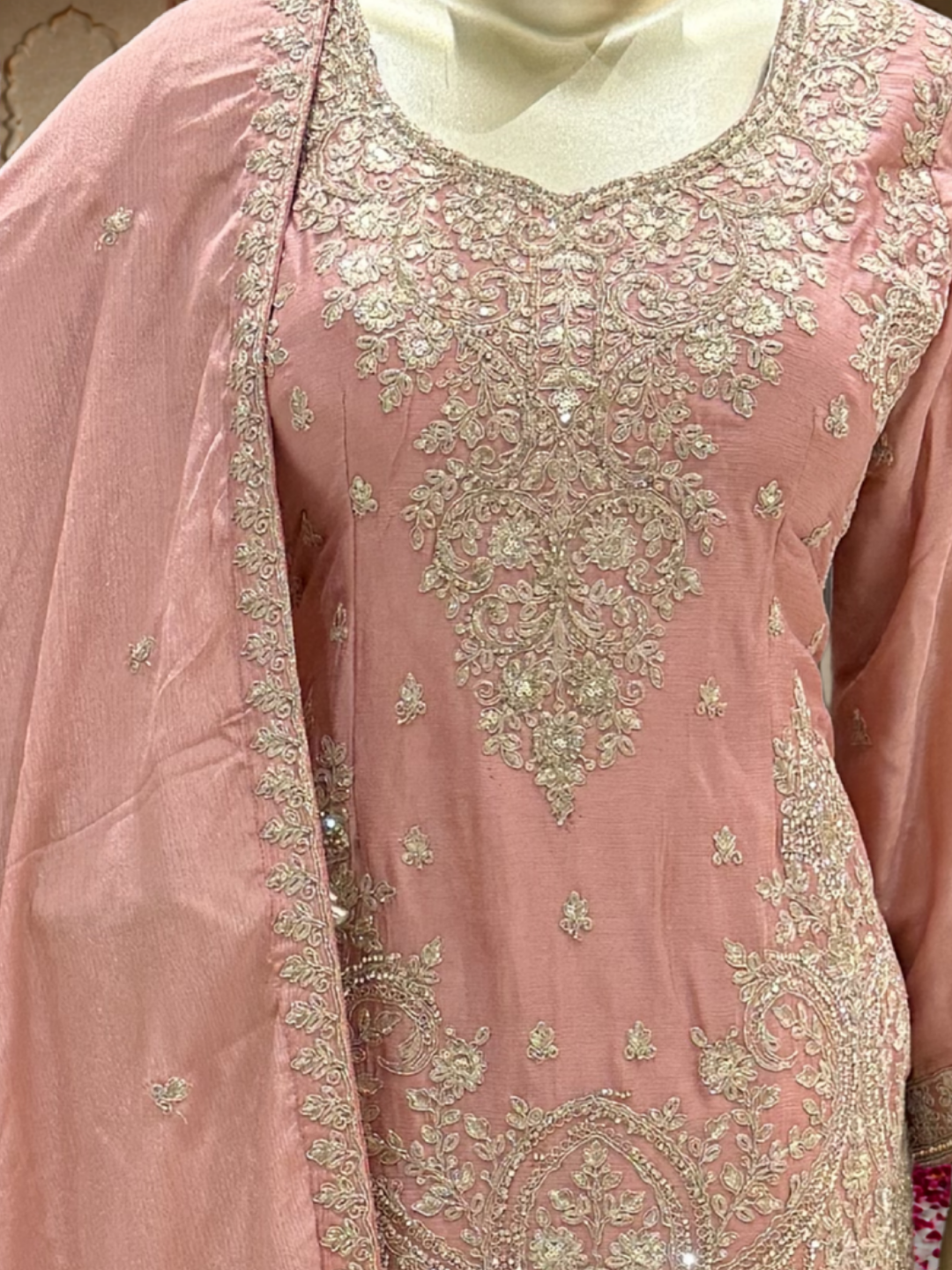 Dusty Pink Silk Sharara Set with Zari & Sequin Floral Embroidery & Dupatta