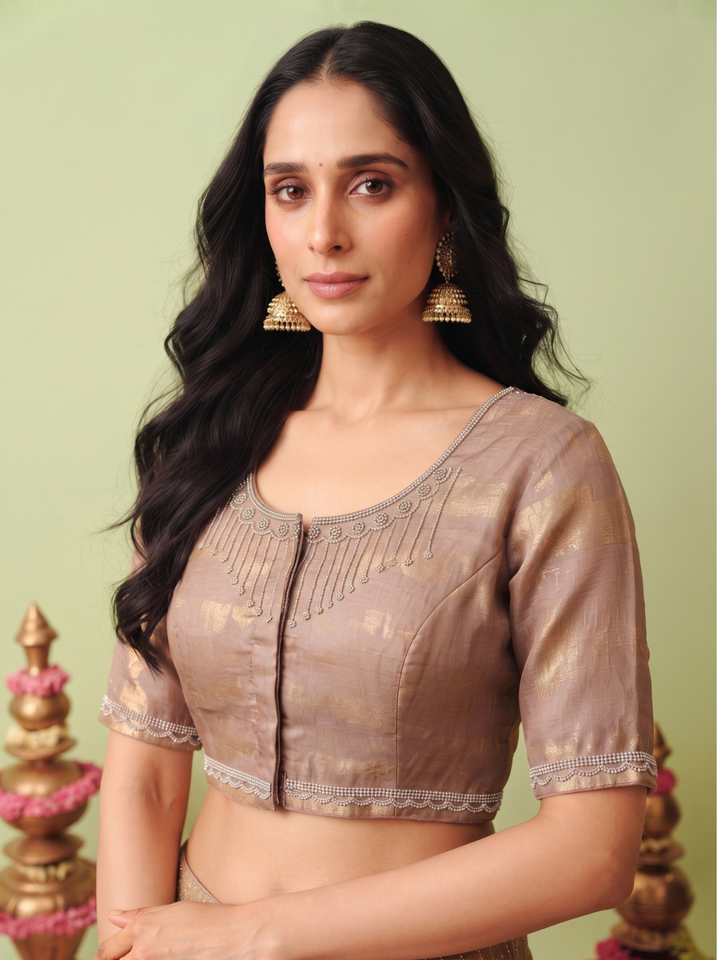 Crushed Tissue Saree with Gold Sequin Line Work & Beaded Lace Border
