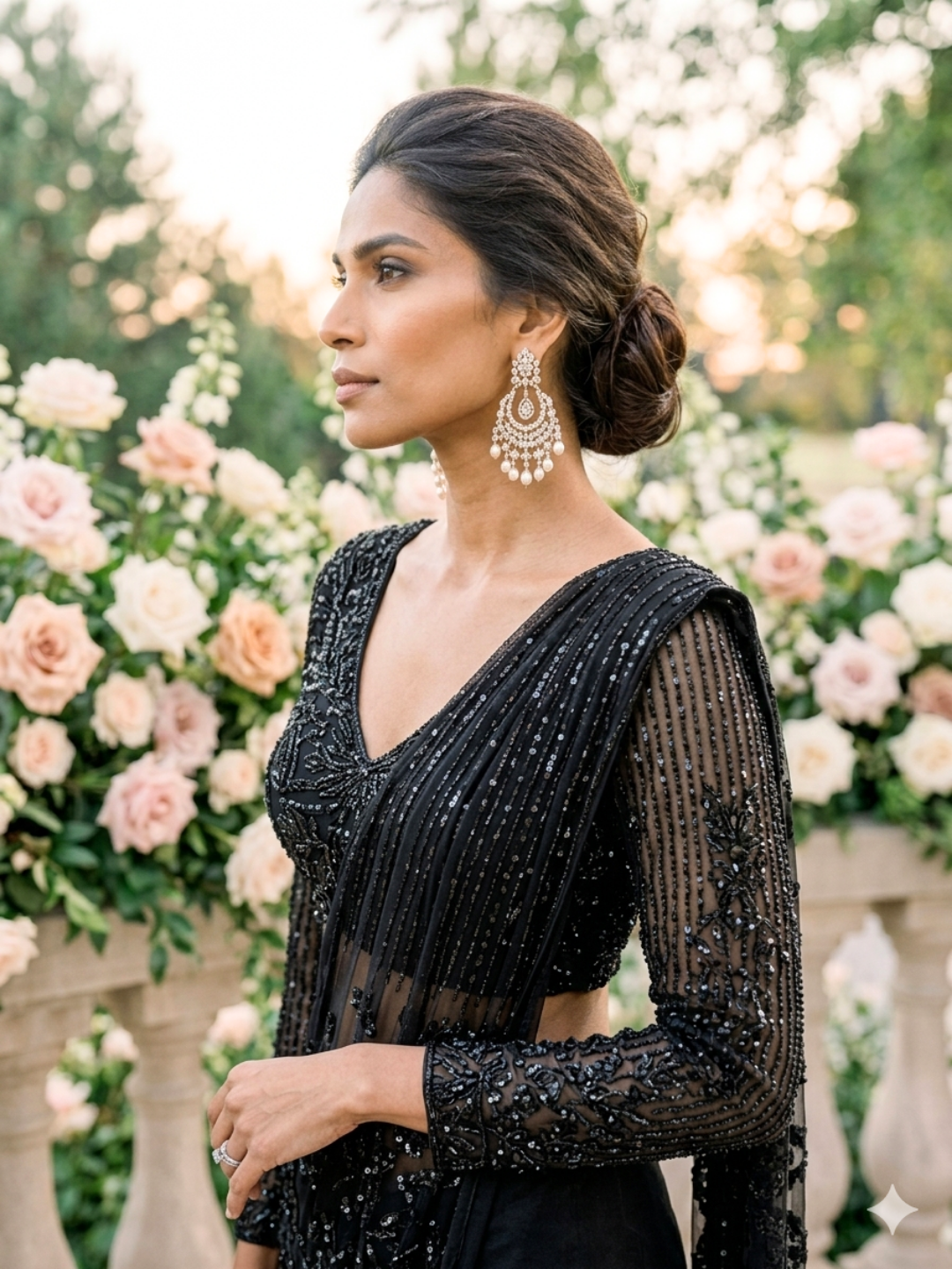 Georgette Sequin & Zari Embroidered Pre-Draped Saree Gown in Beige