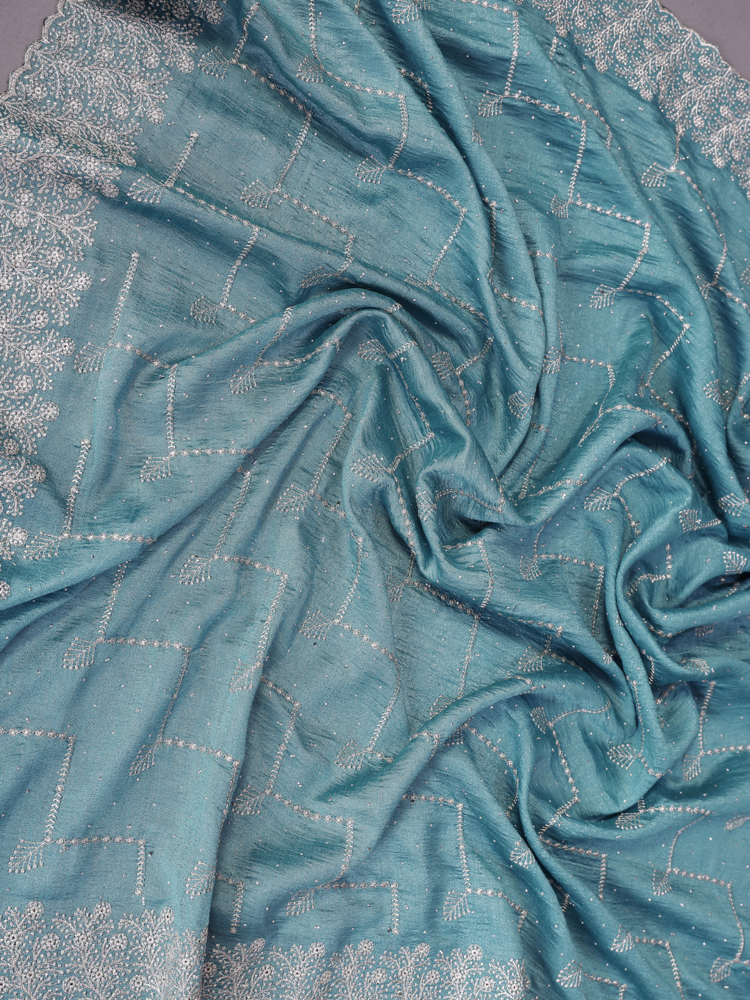 Teal Sequin Embroidered Chevron Saree with Scalloped Border