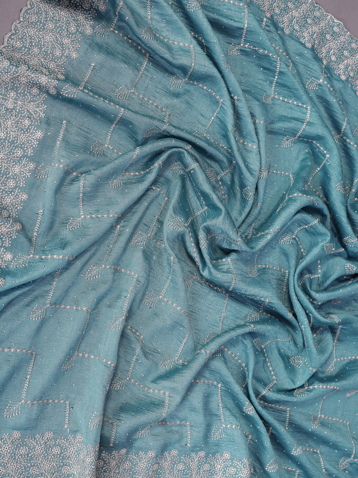 Teal Sequin Embroidered Chevron Saree with Scalloped Border
